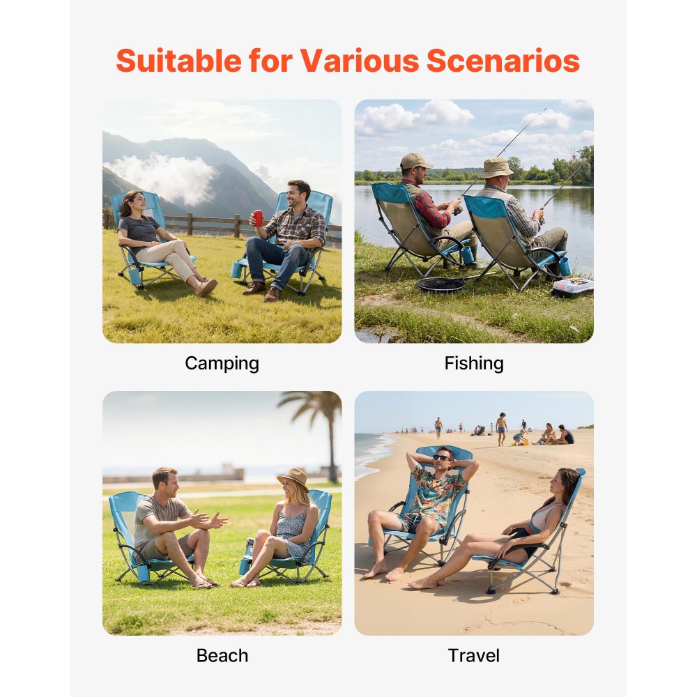 VEVOR Folding Beach Chair, High Back Camping Chairs for Adults, with Cup Pocket, Mesh Back, Carry Bag, Portable Extra Wide Seat Chair 330 lbs Heavy Duty Support, for Outdoor, Camp, Light Blue, 2 Pack