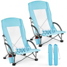 VEVOR Folding Beach Chair, High Back Camping Chairs for Adults, with Cup Pocket, Mesh Back, Carry Bag, Portable Extra Wide Seat Chair 150 kg Heavy Duty Support, for Outdoor, Camp, Light Blue, 2 Pack