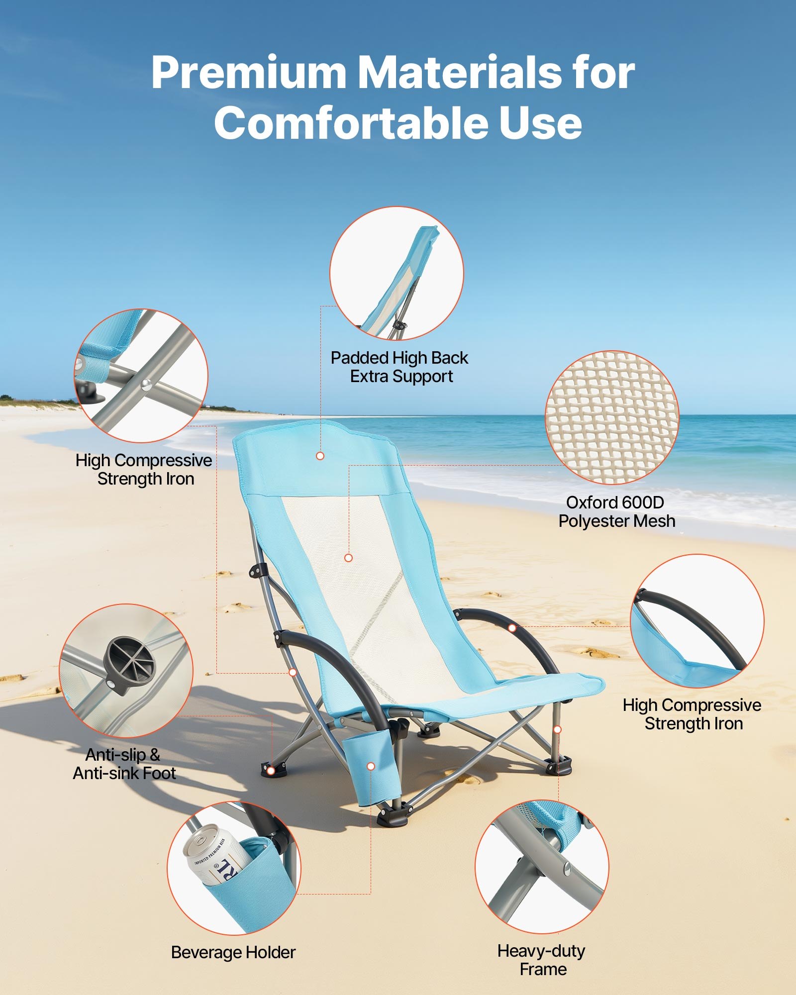 VEVOR Folding Beach Chair, High Back Camping Chairs for Adults, with Cup Pocket, Mesh Back, Carry Bag, Portable Extra Wide Seat Chair 330 lbs Heavy Duty Support, for Outdoor, Camp, Light Blue, 2 Pack