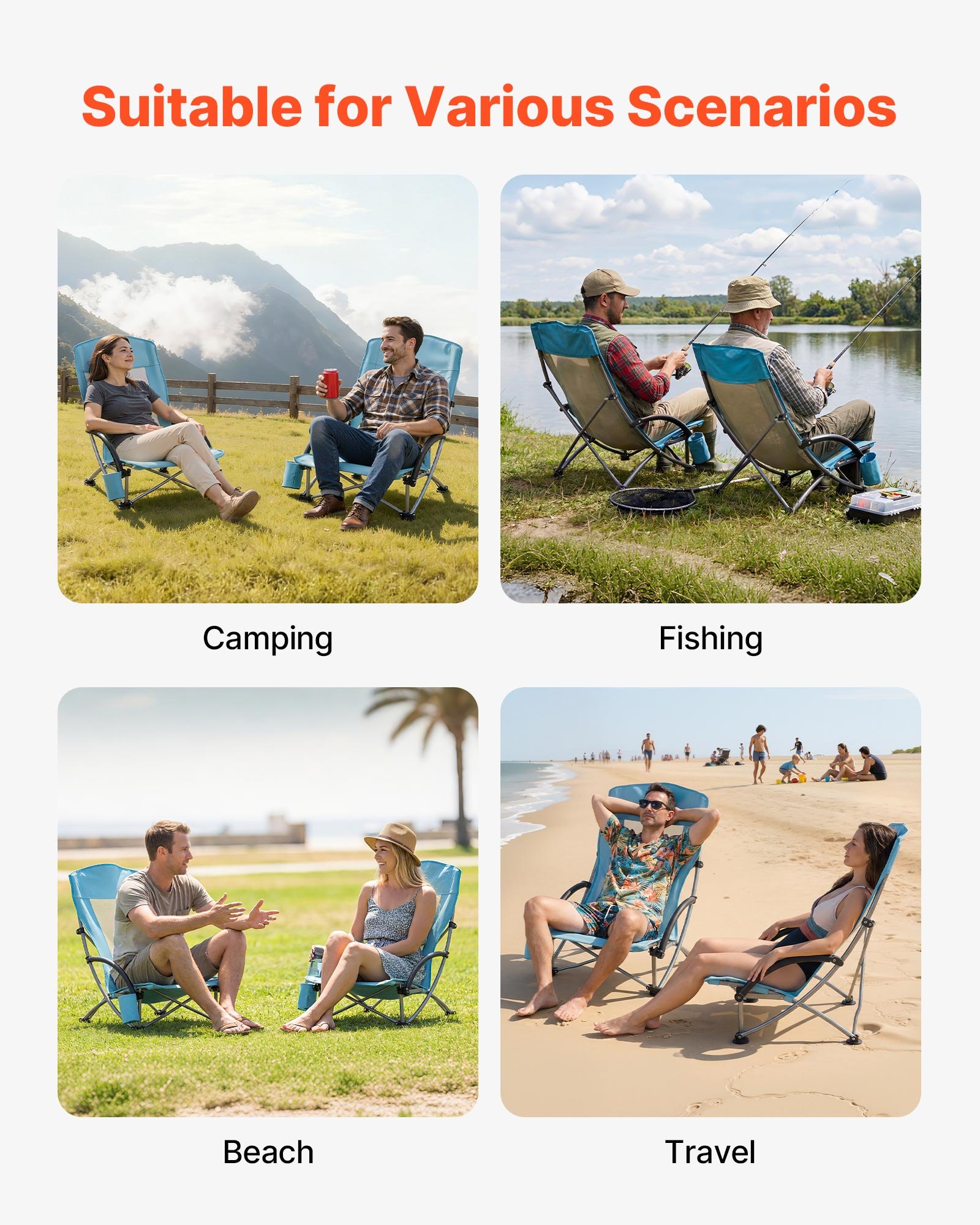 VEVOR Folding Beach Chair, High Back Camping Chairs for Adults, with Cup Pocket, Mesh Back, Carry Bag, Portable Extra Wide Seat Chair 330 lbs Heavy Duty Support, for Outdoor, Camp, Light Blue, 2 Pack