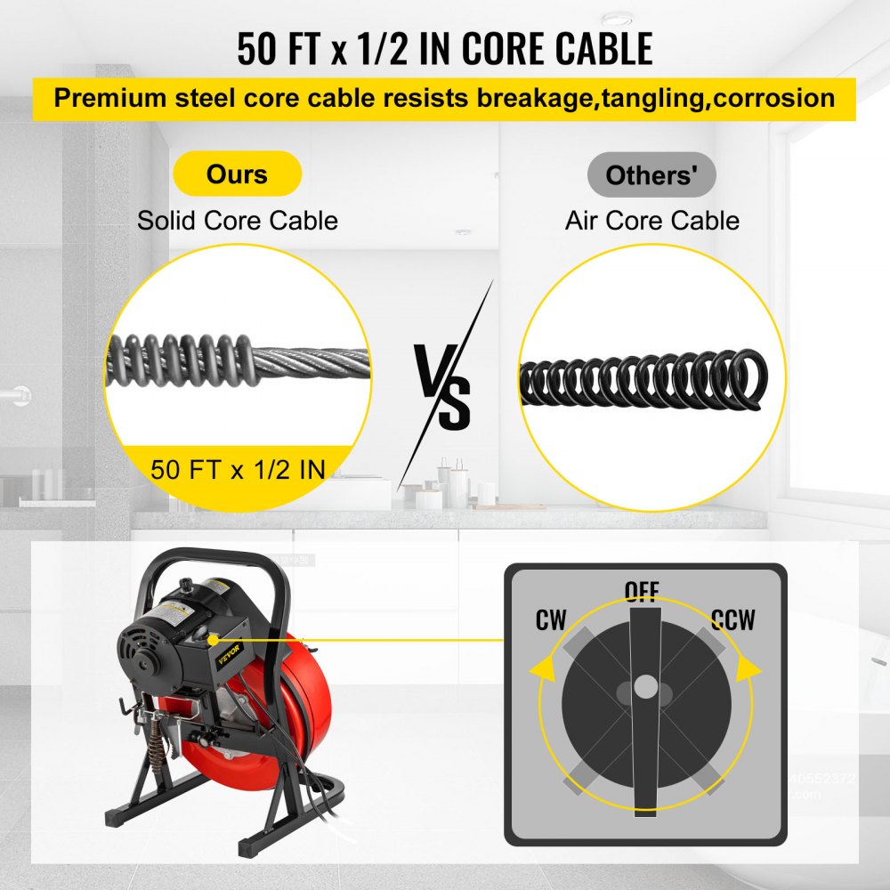 VEVOR Drain Cleaner Machine 50FTx1/2Inch, Sewer Snake Machine with 4 Cutter & Foot Switch, Electric Drain Auger Drill Drain Auger Cleaner for 1" to 4" Pipes