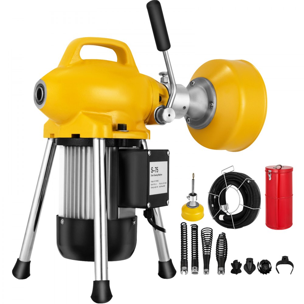 yellow VEVOR sectional drain cleaning machine with accessories and red storage drum.