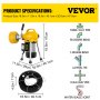 VEVOR sectional drain cleaning machine with dimensions and pipe fittings explained.