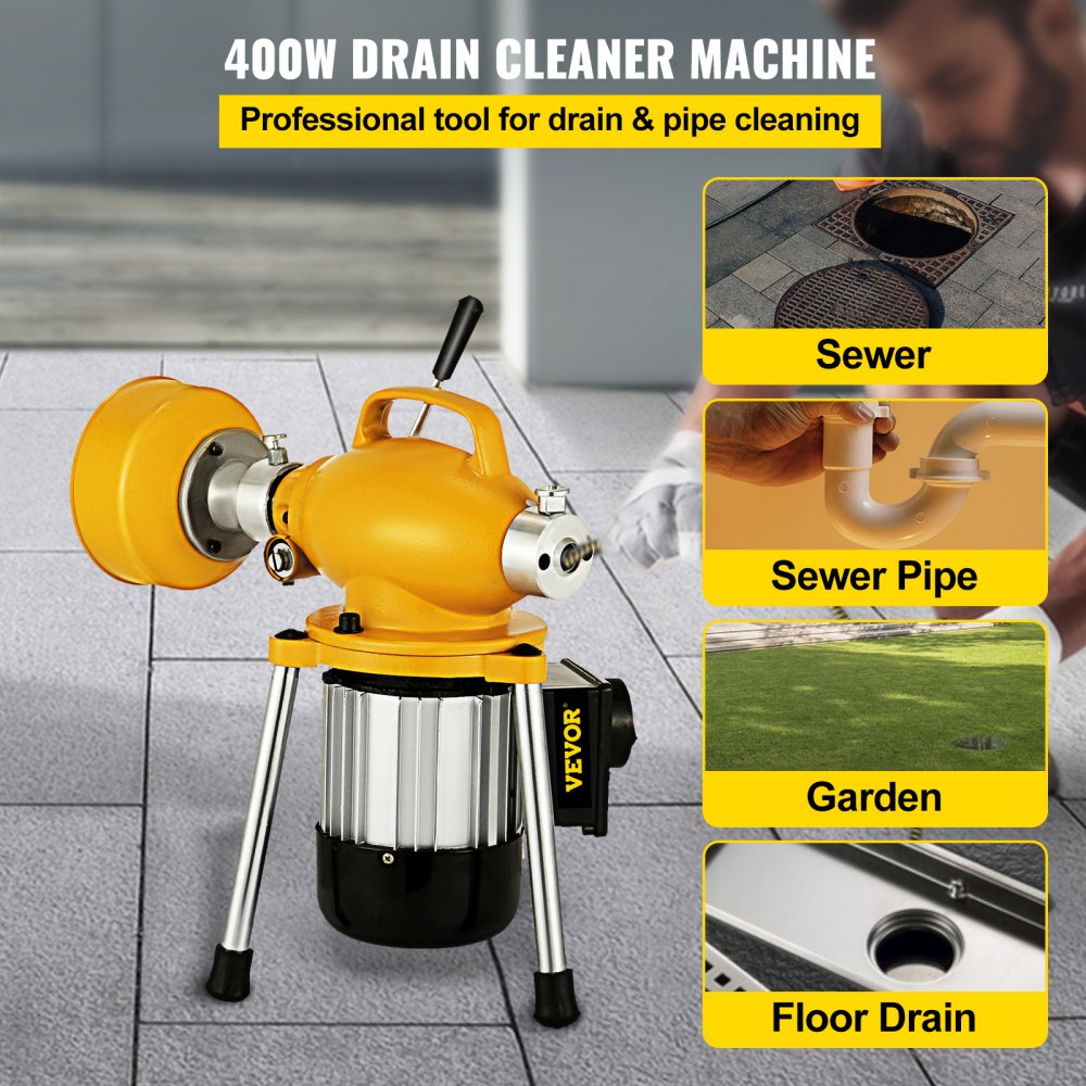 VEVOR Drain Cleaning Machine 100FT x 3/4 Inch, Sewer Snake Machine Auto  Feed, Drain Auger Cleaner with 4 Cutter & Air-Activated Foot Switch for 1  to 4 Pipes, Orange, Black 