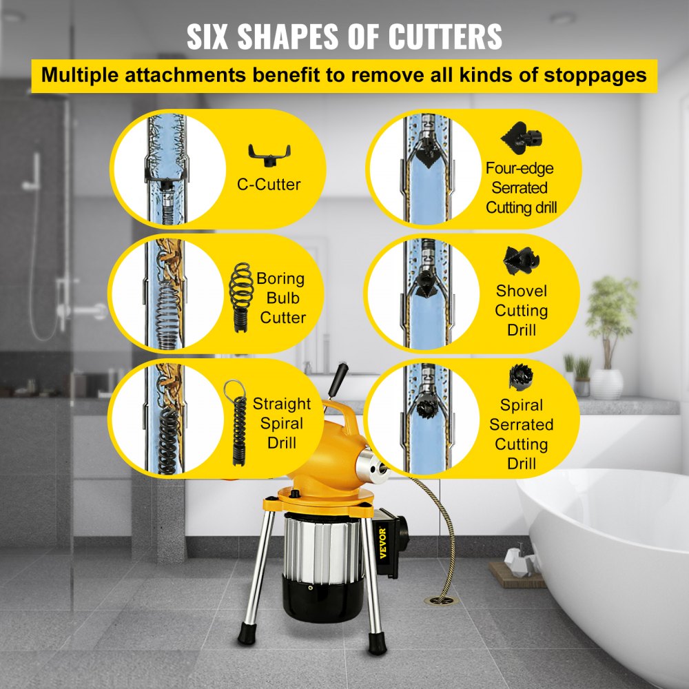 VEVOR Drain Cleaner Machine, 66Ft x2/3Inch Electric Drain Auger with 2 Cables for 3/4" to 4" Pipes, Power Spin with Autofeed Function & 6 Cutters, Sewer Snake for Toilet Sewer Bathroom Sink Shower