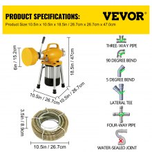 VEVOR 3/4"-4" Sectional Pipe Drain Cleaning Machine 400PRM Snake Cleaner Pipe Drain Cleaning Machine with 66' x 2/3'' Galvanize Cable