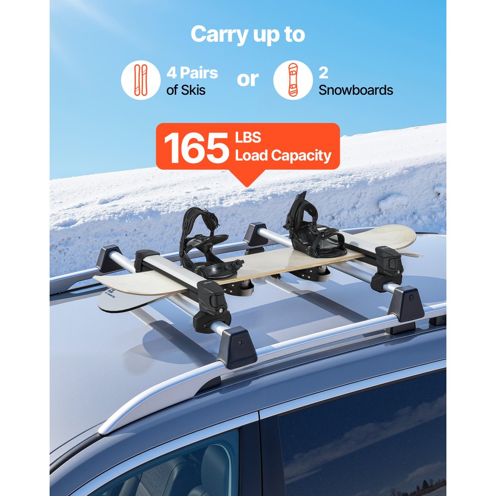 VEVOR Ski & Snowboard Roof Rack, Carry up to 4 Pairs of Skis or 2 Snowboards, 2 PCS Aluminum Universal Car Roof Rack Top Holder with Lock & Rubber Padding, Carrier for Fishing Rod, Fit Most Crossbars