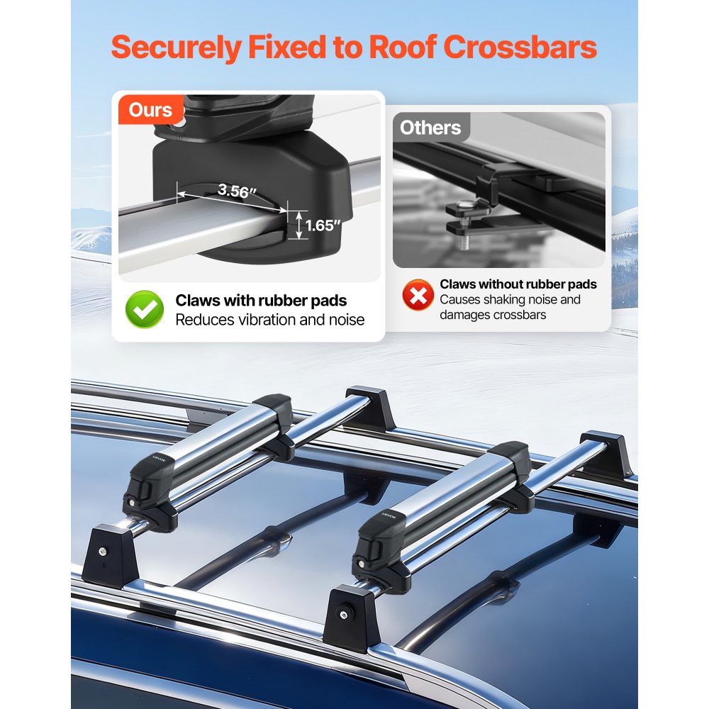 VEVOR Ski & Snowboard Roof Rack, Carry up to 4 Pairs of Skis or 2 Snowboards, 2 PCS Aluminum Universal Car Roof Rack Top Holder with Lock & Rubber Padding, Carrier for Fishing Rod, Fit Most Crossbars