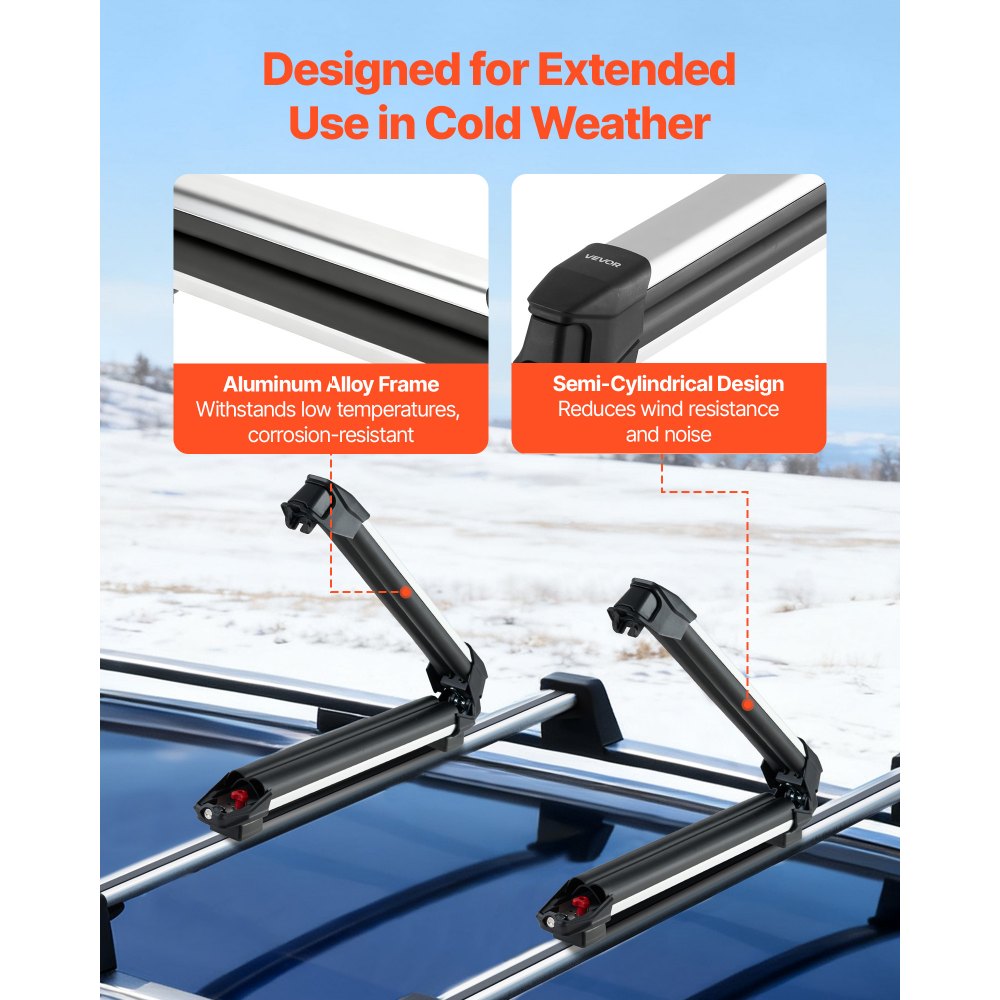 VEVOR Ski & Snowboard Roof Rack, Carry up to 4 Pairs of Skis or 2 Snowboards, 2 PCS Aluminum Universal Car Roof Rack with Lock & Rubber Padding, Carrier for Fishing Rod, Fit Most Slotted Crossbars