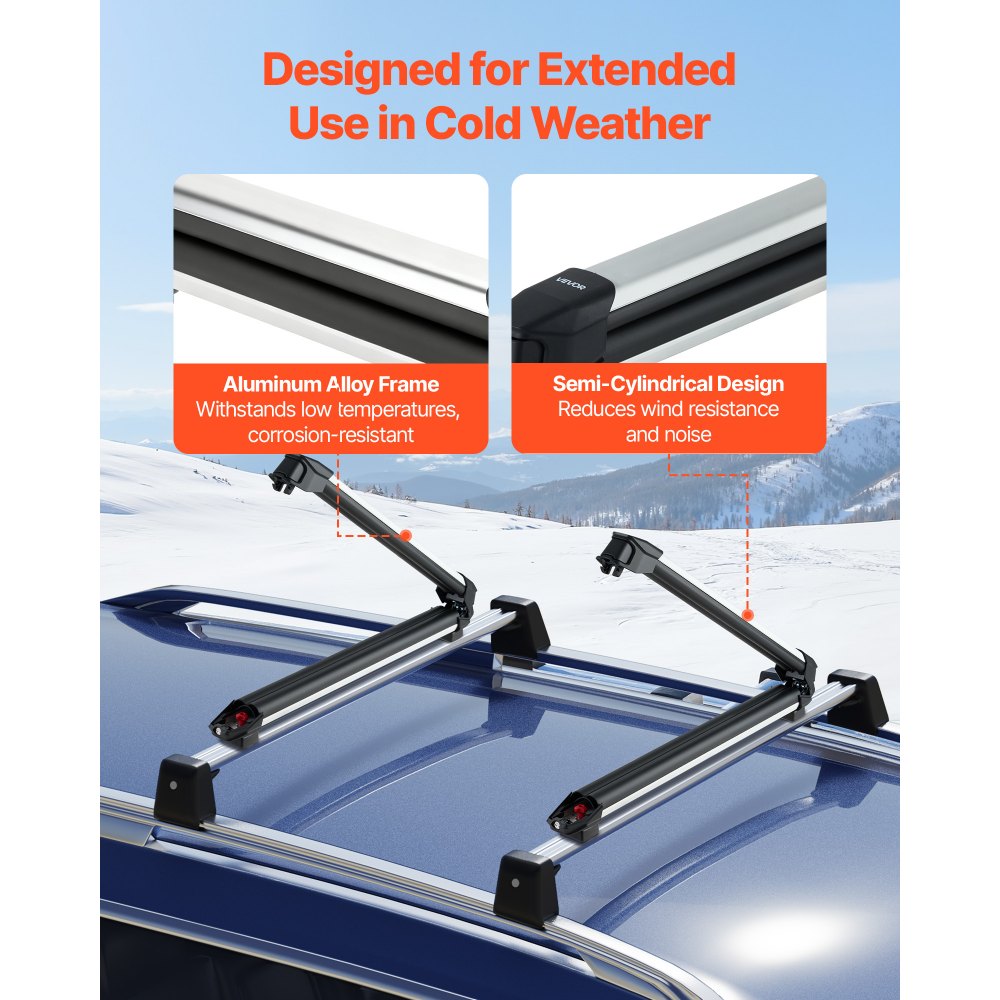 VEVOR Ski & Snowboard Roof Rack, Carry up to 6 Pairs of Skis or 4 Snowboards, 2 PCS Aluminum Universal Car Roof Rack with Lock & Rubber Padding, Carrier for Fishing Rod, Fit Most Slotted Crossbars