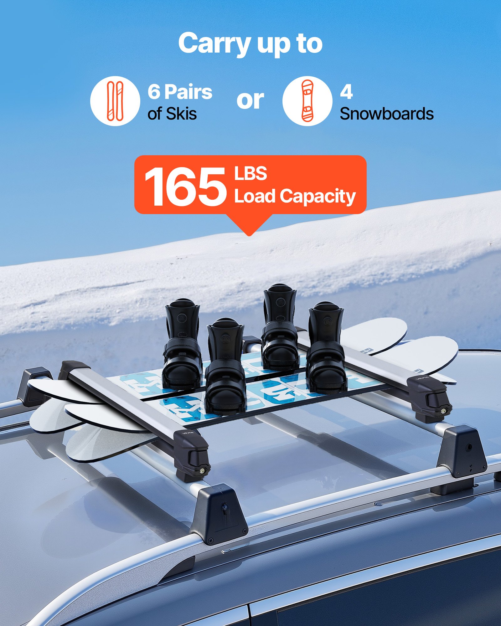 VEVOR Ski & Snowboard Roof Rack, Carry up to 6 Pairs of Skis or 4 ...