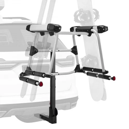 VEVOR Hitch Mounted Ski & Snowboard Rack, Fits 2-Inch Receiver, Carries up to 6 Pairs of Skis or 4 Snowboards, Hitch-Mounted Rack for Car with Key Lock, Security Strap, Tilt Access, Rubber Padding