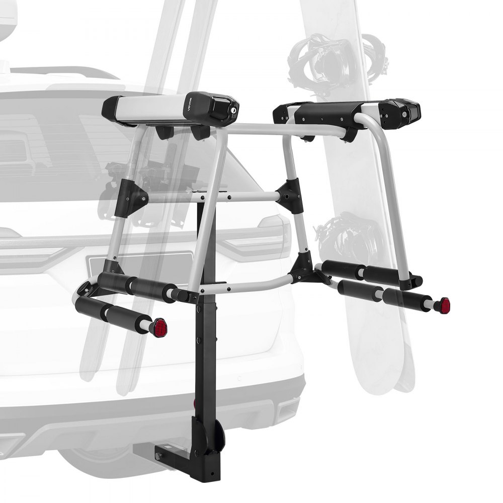 VEVOR Ski- og snowboardstativ for tilhengerfeste, passer til 50 mm mottaker, har plass til opptil 6 par ski eller 4 snowboard, bilstativ for tilhengerfeste med nøkkellås, sikkerhetsstropp, vippetilgang, gummipolstring