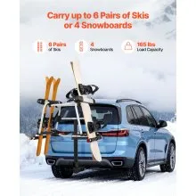 VEVOR Hitch Mounted Ski & Snowboard Rack, Fits 2-Inch Receiver, Carries up to 6 Pairs of Skis or 4 Snowboards, Hitch-Mounted Rack for Car with Key Lock, Security Strap, Tilt Access, Rubber Padding