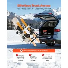 VEVOR Hitch Mounted Ski & Snowboard Rack, Fits 2-Inch Receiver, Carries up to 6 Pairs of Skis or 4 Snowboards, Hitch-Mounted Rack for Car with Key Lock, Security Strap, Tilt Access, Rubber Padding