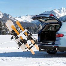 VEVOR Hitch Mounted Ski & Snowboard Rack, Fits 2-Inch Receiver, Carries up to 6 Pairs of Skis or 4 Snowboards, Hitch-Mounted Rack for Car with Key Lock, Security Strap, Tilt Access, Rubber Padding