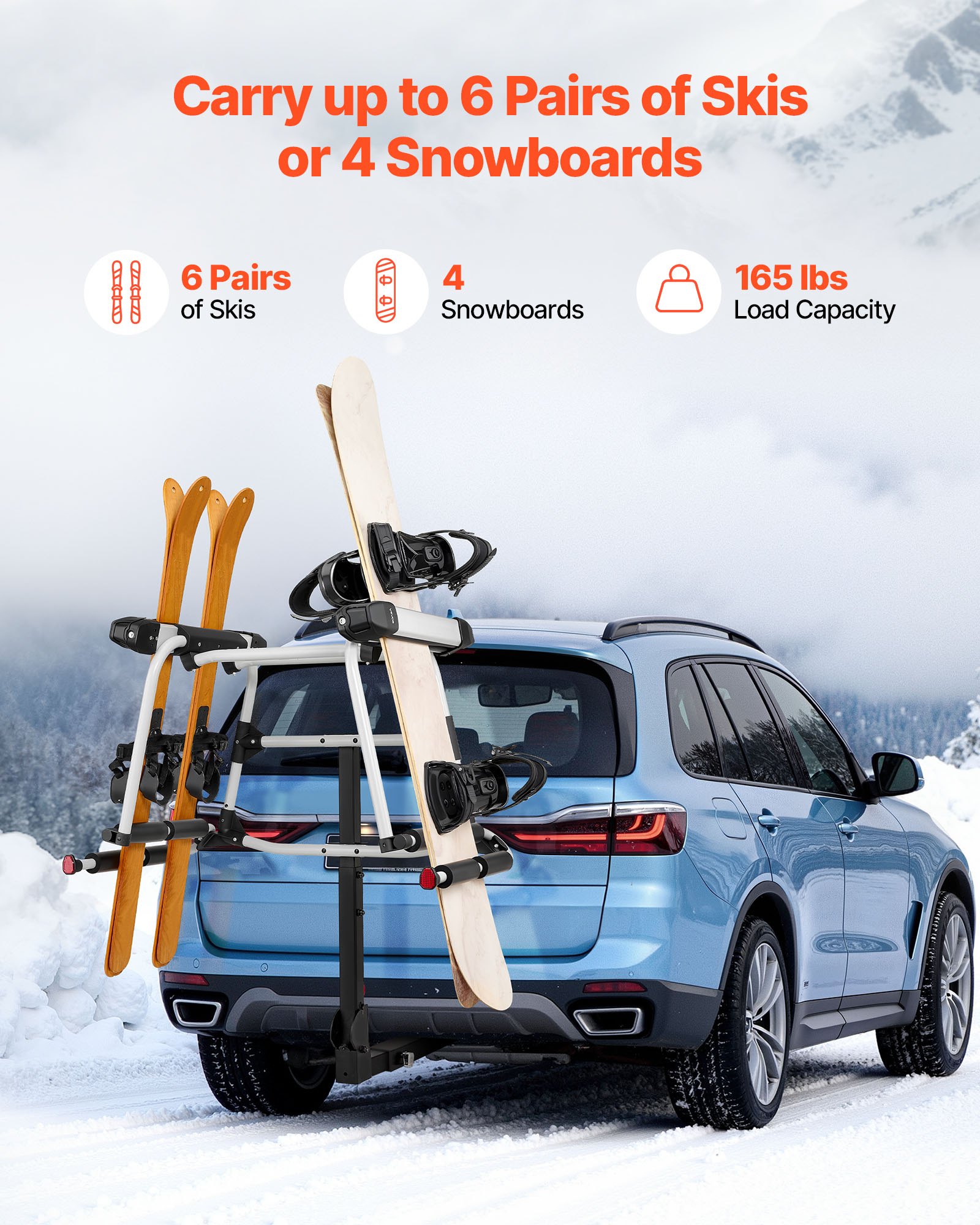 VEVOR Hitch Mounted Ski & Snowboard Rack, Fits 50 mm Receiver, Carries ...