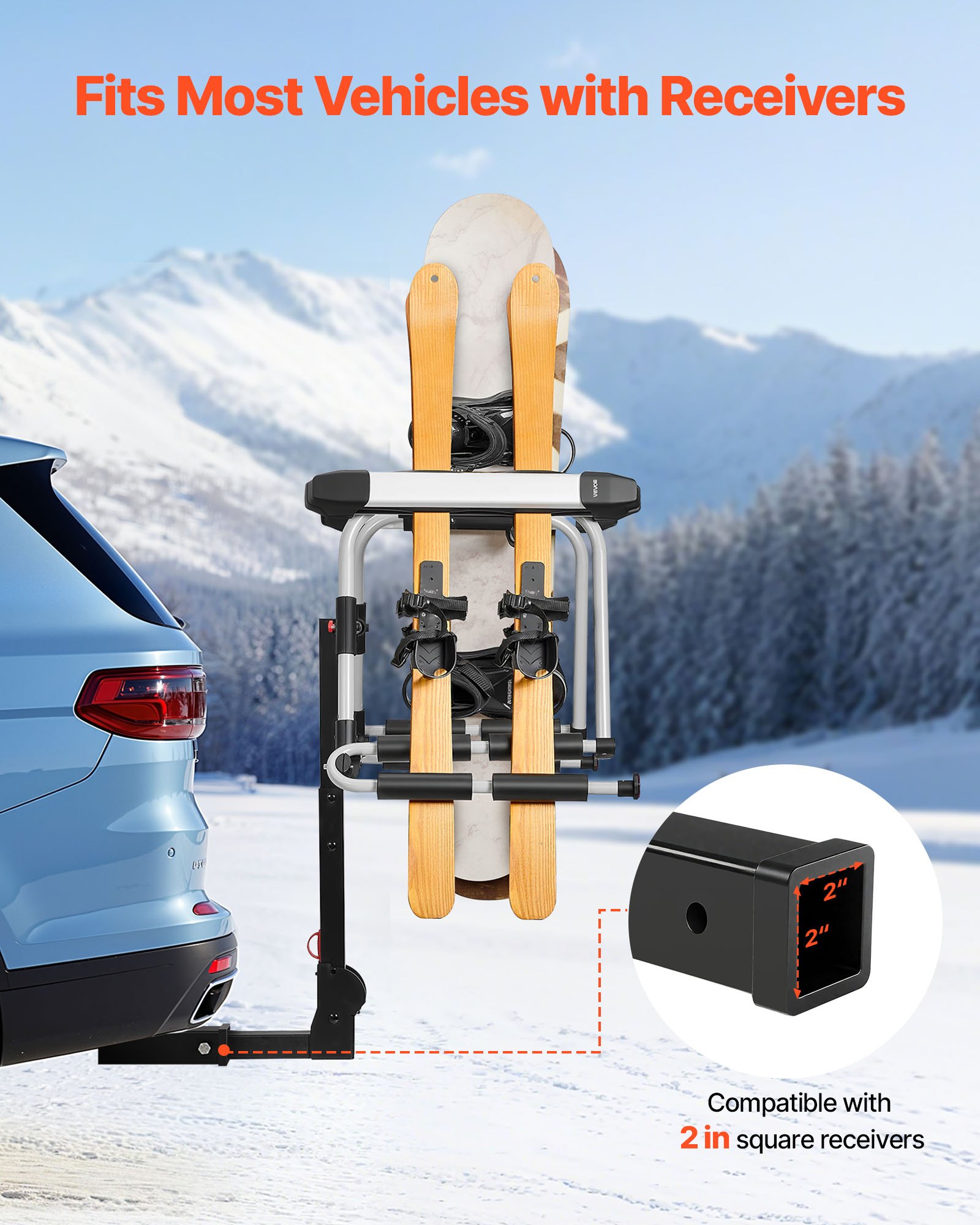 VEVOR Ski- og snowboardstativ for tilhengerfeste, passer til 50 mm mottaker, har plass til opptil 6 par ski eller 4 snowboard, bilstativ for tilhengerfeste med nøkkellås, sikkerhetsstropp, vippetilgang, gummipolstring