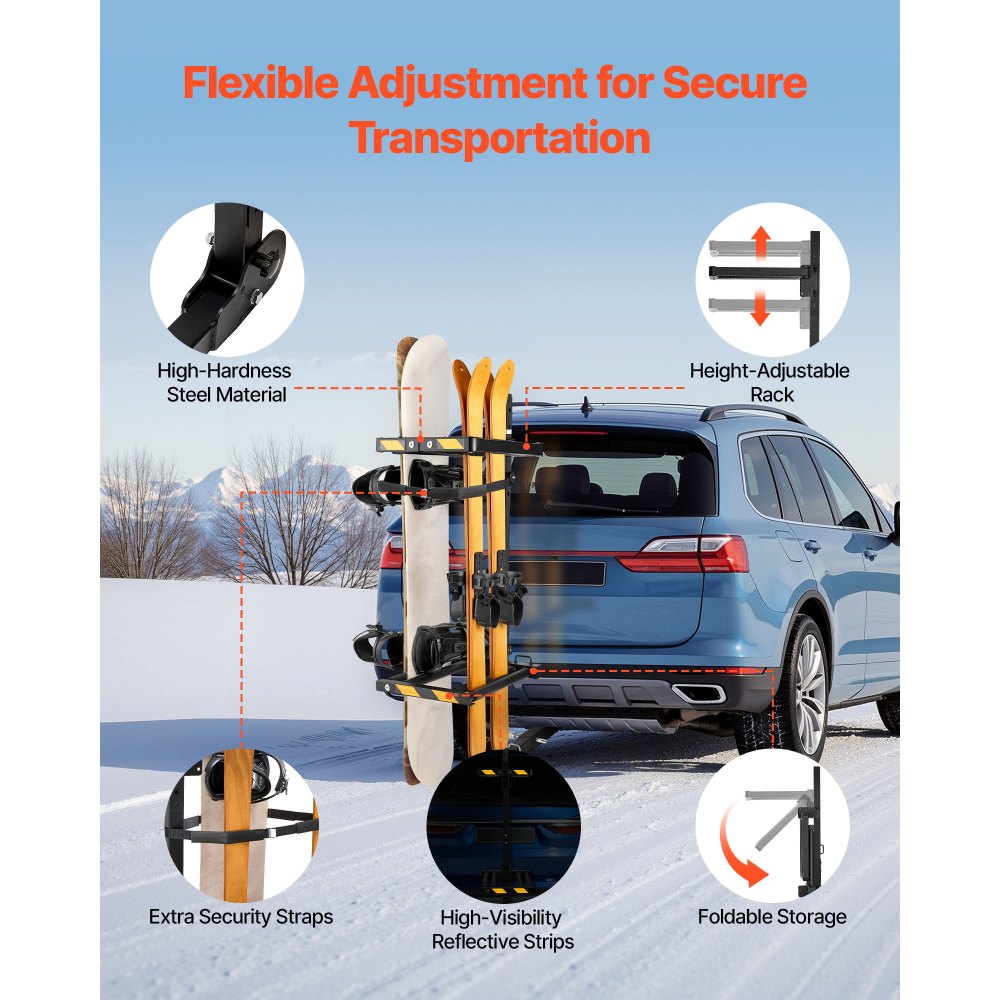 VEVOR Folding Hitch Mounted Ski & Snowboard Rack, Fits 2-Inch Receiver, Carries up to 6 Pairs of Skis or 4 Snowboards, Adjustable Hitch-Mounted Rack for Car with Key Lock, Security Strap, Tilt Access