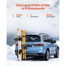 VEVOR Folding Hitch Mounted Ski & Snowboard Rack, Fits 2-Inch Receiver, Carries up to 6 Pairs of Skis or 4 Snowboards, Adjustable Hitch-Mounted Rack for Car with Key Lock, Security Strap, Tilt Access