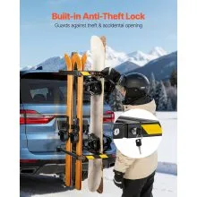 VEVOR Folding Hitch Mounted Ski & Snowboard Rack, Fits 2-Inch Receiver, Carries up to 6 Pairs of Skis or 4 Snowboards, Adjustable Hitch-Mounted Rack for Car with Key Lock, Security Strap, Tilt Access