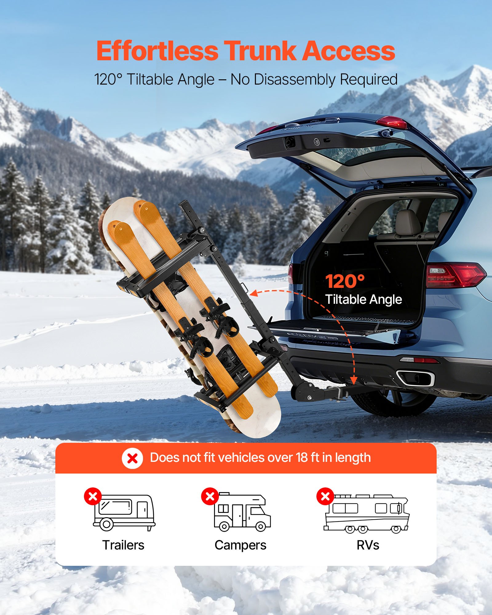 VEVOR Folding Hitch Mounted Ski & Snowboard Rack, Fits 2-Inch Receiver, Carries up to 6 Pairs of Skis or 4 Snowboards, Adjustable Hitch-Mounted Rack for Car with Key Lock, Security Strap, Tilt Access