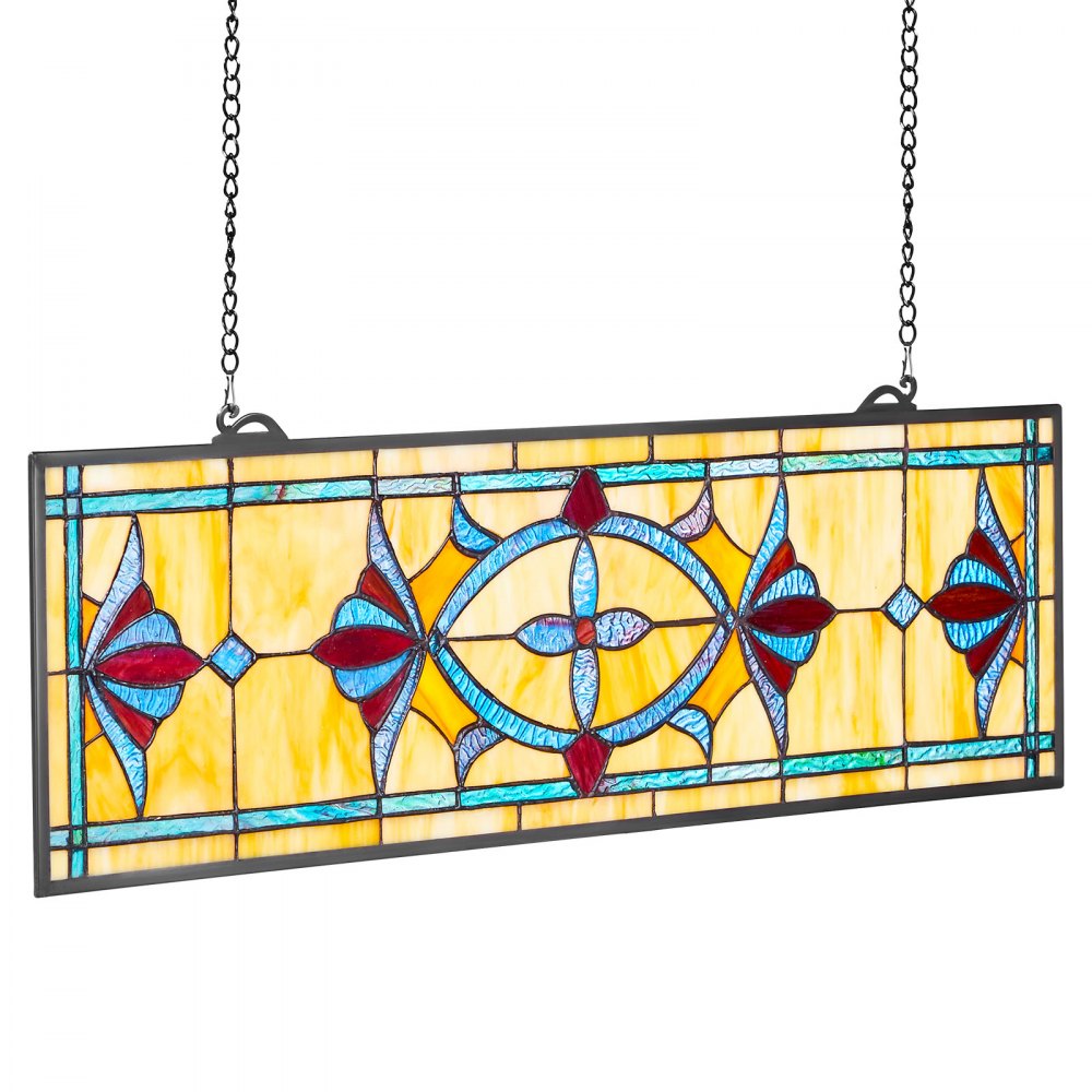 VEVOR Stained Glass Window Panel, 32 x 10 in, Tiffany Style Hanging Transom Window Panel with Chain, Large Horizontal Rectangle Stain Glass, Vintage Traditional Art Handcrafts for Kitchen Home Decor