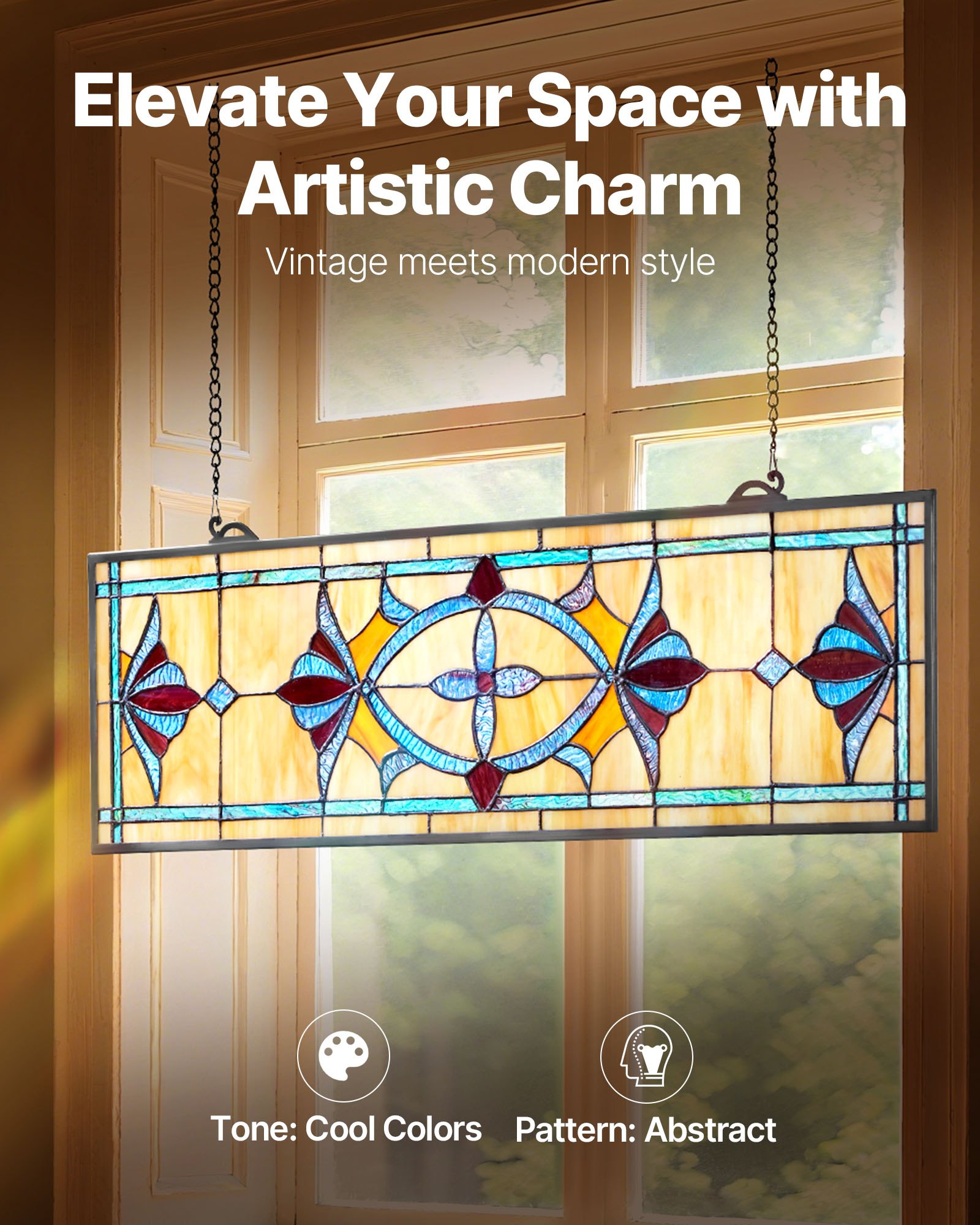 VEVOR Stained Glass Window Panel, 32 x 10 in, Tiffany Style Hanging Transom Window Panel with Chain, Large Horizontal Rectangle Stain Glass, Vintage Traditional Art Handcrafts for Kitchen Home Decor