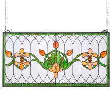 Stained Glass Tiffany Style Hanging Window Panel with Chain 32 x 17 Inches