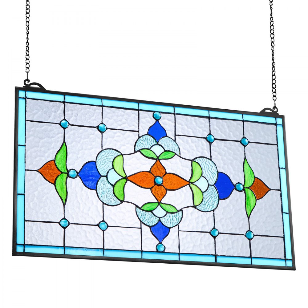VEVOR Stained Glass Window Panel, 26 x 16 in, Tiffany Style Hanging Transom Window Panel with Chain, Large Horizontal Rectangle Stain Glass, Vintage Traditional Art Handcrafts for Kitchen Home Decor