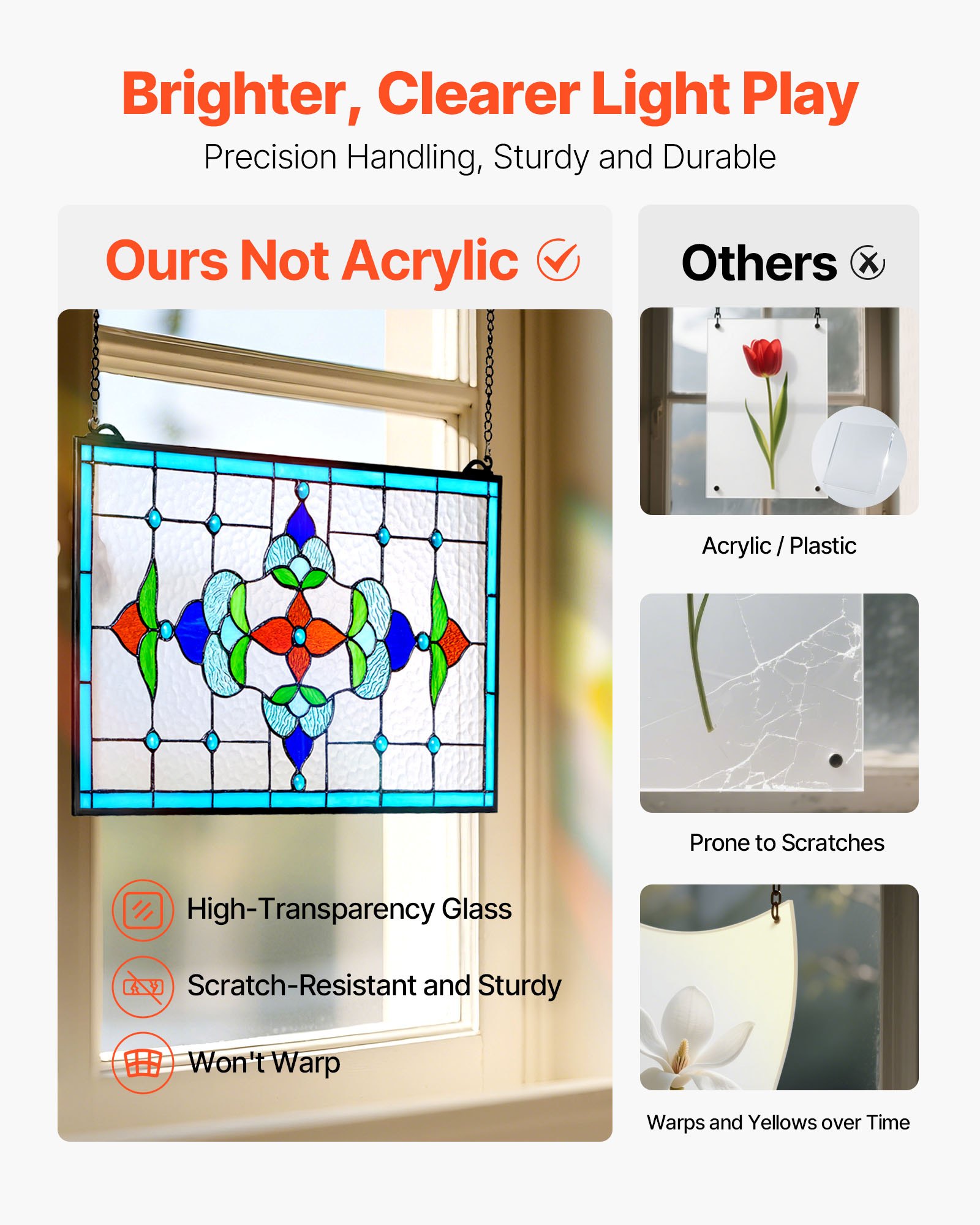 VEVOR Stained Glass Window Panel, 26 x 16 in, Tiffany Style Hanging Transom Window Panel with Chain, Large Horizontal Rectangle Stain Glass, Vintage Traditional Art Handcrafts for Kitchen Home Decor