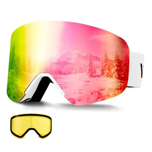 VEVOR Frameless Ski Goggles, Magnet Cylindrical Lens with Pink Revo Coating, OTG Anti fog Snow Goggles for Men Women Youth, TPU Frame & Ventilation Structure, Fit for Skiing, Skating, Snowboarding
