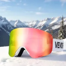 VEVOR Frameless Ski Goggles, Magnet Cylindrical Lens with Pink Revo Coating, OTG Anti fog Snow Goggles for Men Women Youth, TPU Frame & Ventilation Structure, Fit for Skiing, Skating, Snowboarding