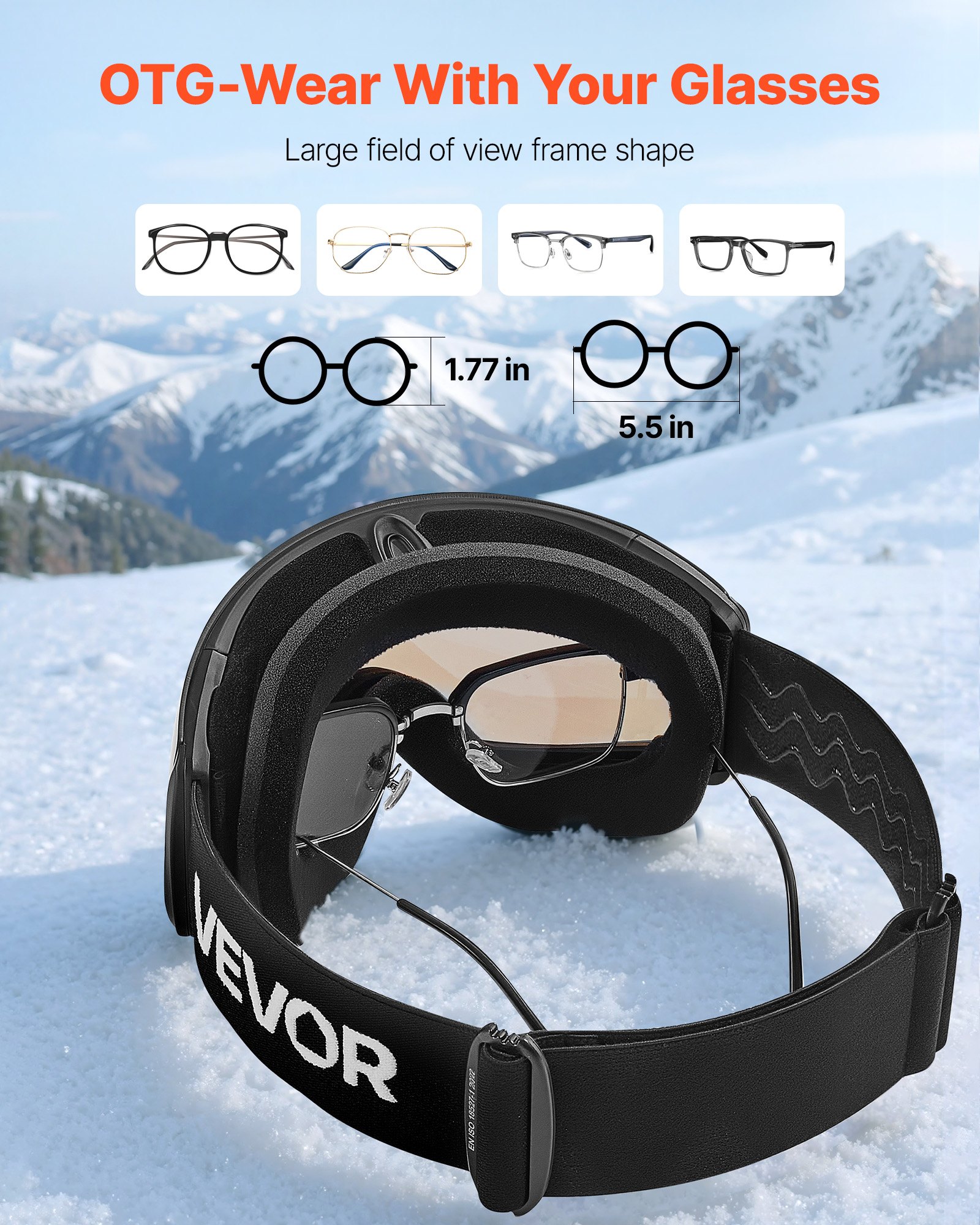 VEVOR Frameless Ski Goggles, Spherical Lens with Blue Revo Coating, OTG Anti fog Snow Goggles for Men Women Youth, TPU Frame & Ventilation Structure, Suitable for Skiing, Skating, Snowboarding