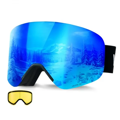 VEVOR Frameless Ski Goggles, Magnet Cylindrical Lens with Dark Blue Revo Coating, OTG Anti fog Snow Goggles for Men Women, TPU Frame & Ventilation Structure, Fit for Skiing, Skating, Snowboarding