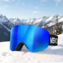 VEVOR Frameless Ski Goggles, Magnet Cylindrical Lens with Dark Blue Revo Coating, OTG Anti fog Snow Goggles for Men Women, TPU Frame & Ventilation Structure, Fit for Skiing, Skating, Snowboarding