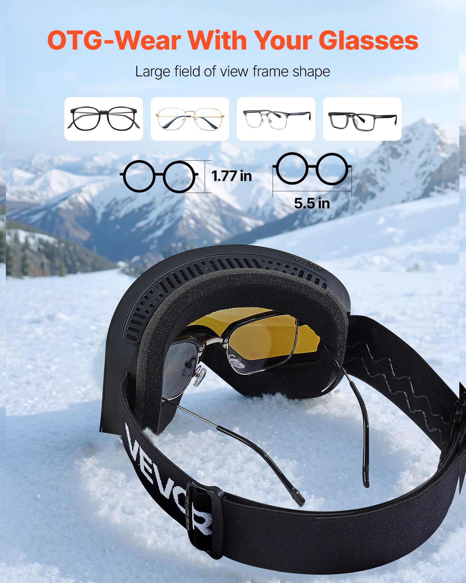 VEVOR Frameless Ski Goggles, Magnet Cylindrical Lens with Dark Blue Revo Coating, OTG Anti fog Snow Goggles for Men Women, TPU Frame & Ventilation Structure, Fit for Skiing, Skating, Snowboarding