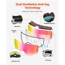 VEVOR Ski Goggles, Cylindrical Lens with Pink Revo Coating, OTG Anti fog Snow Goggles for Men Women Youth, TPU Frame & Ventilation Structure, Suitable for Skiing, Skating, Snowboarding, Cycling