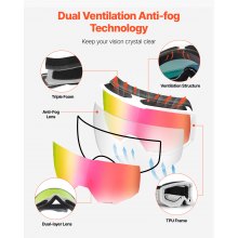 VEVOR Ski Goggles, Cylindrical Lens with Pink Revo Coating, OTG Anti fog Snow Goggles for Men Women Youth, TPU Frame & Ventilation Structure, Suitable for Skiing, Skating, Snowboarding, Cycling