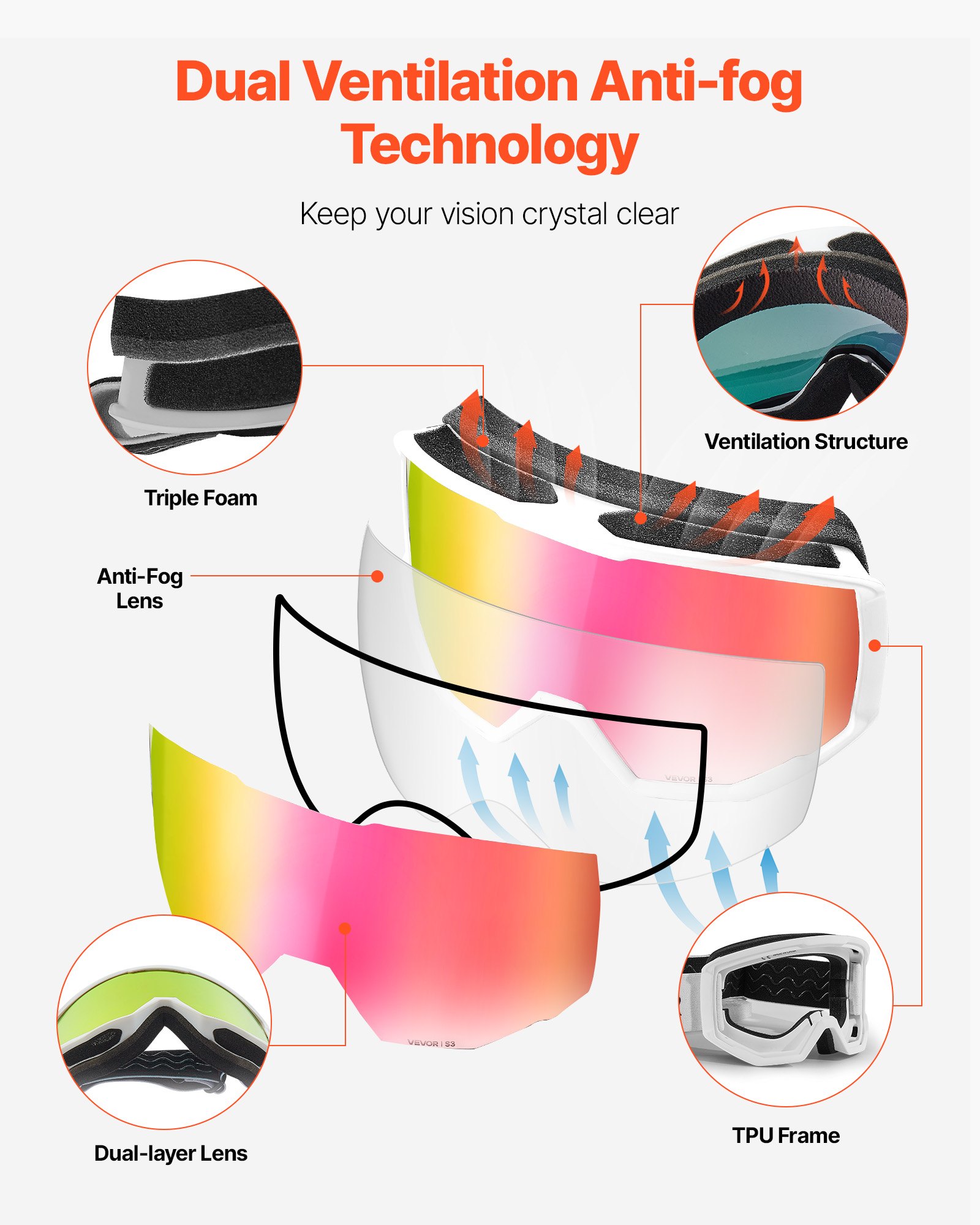 VEVOR Ski Goggles, Cylindrical Lens with Pink Revo Coating, OTG Anti fog Snow Goggles for Men Women Youth, TPU Frame & Ventilation Structure, Suitable for Skiing, Skating, Snowboarding, Cycling