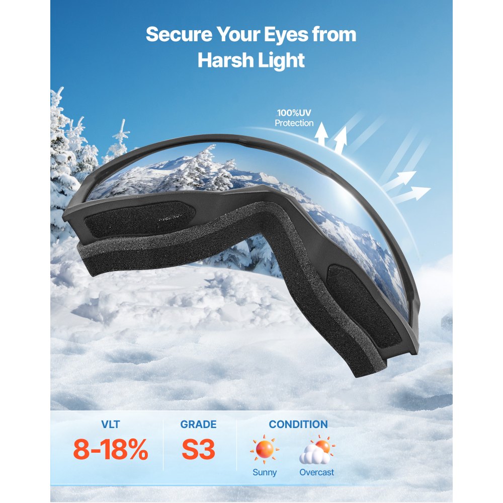 VEVOR Ski Goggles, Cylindrical Lens with Silver Mirror Revo Coating, OTG Anti fog Snow Goggles for Men Women Youth, TPU Frame & Ventilation Structure, Suitable for Skiing, Skating, Snowboarding, Cycling