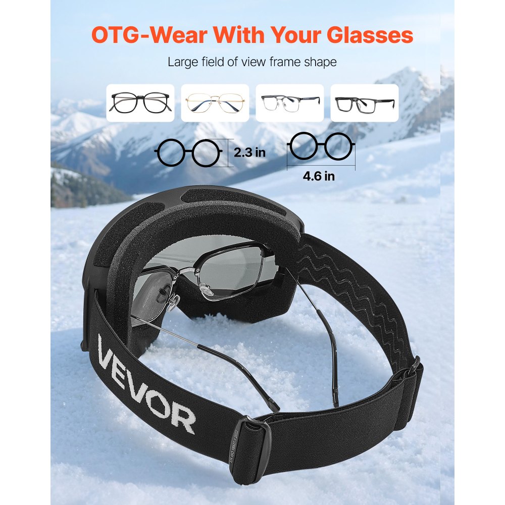 VEVOR Ski Goggles, Cylindrical Lens with Silver Mirror Revo Coating, OTG Anti fog Snow Goggles for Men Women Youth, TPU Frame & Ventilation Structure, Suitable for Skiing, Skating, Snowboarding, Cycling