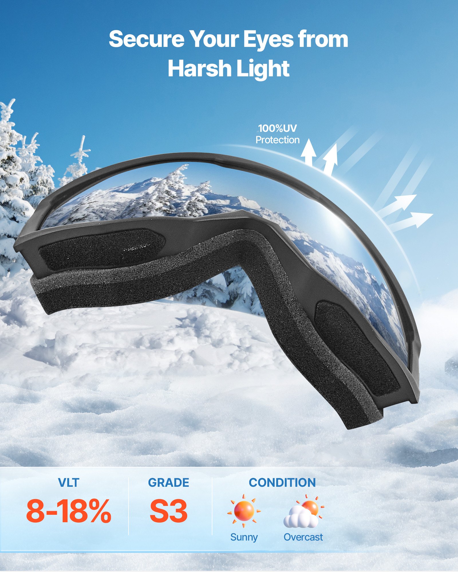 VEVOR Ski Goggles, Cylindrical Lens with Silver Mirror Revo Coating, OTG Anti fog Snow Goggles for Men Women Youth, TPU Frame & Ventilation Structure, Suitable for Skiing, Skating, Snowboarding, Cycling