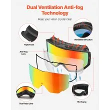 VEVOR Ski Goggles, Cylindrical Lens with Orange Revo Coating, OTG Anti fog Snow Goggles for Men Women Youth, TPU Frame & Ventilation Structure, Suitable for Skiing, Skating, Snowboarding, Cycling
