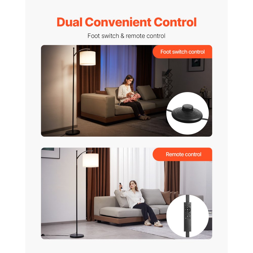 VEVOR Dimmable Floor Lamp, Color Temperature & Brightness Adjustable, Modern Standing Lamp with Remote Control, Foot Switch Floor Lamp for Living Room, Bedroom, Office(LED Bulb, Lampshade Included)