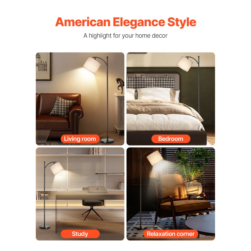 VEVOR Dimmable Floor Lamp, Color Temperature & Brightness Adjustable, Modern Standing Lamp with Remote Control, Foot Switch Floor Lamp for Living Room, Bedroom, Office(LED Bulb, Lampshade Included)