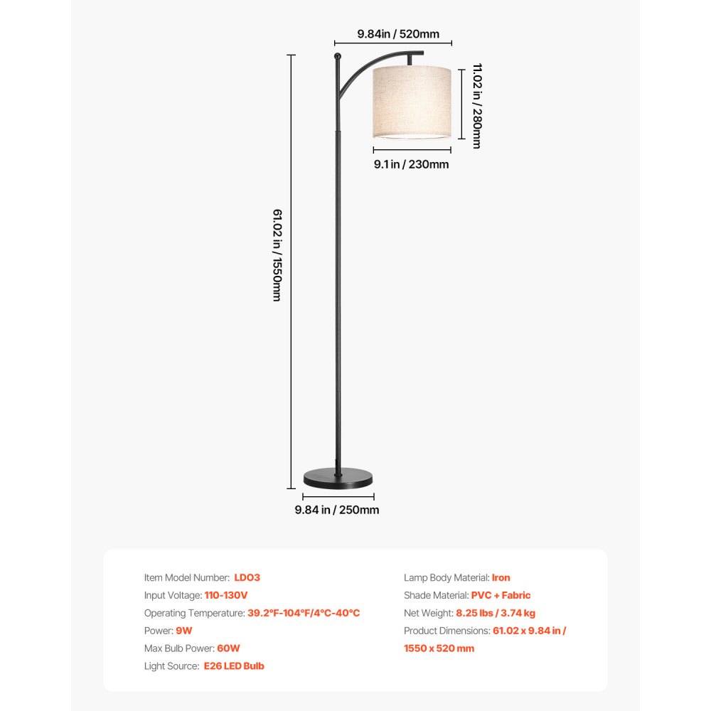 VEVOR Dimmable Floor Lamp, Color Temperature & Brightness Adjustable, Modern Standing Lamp with Remote Control, Foot Switch Floor Lamp for Living Room, Bedroom, Office(LED Bulb, Lampshade Included)