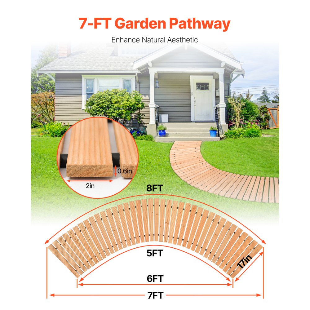 VEVOR Wooden Garden Pathway, 7 ft x 17 in, Non-Slip Curved Garden Walkway, Roll Out Cedar Outdoor Walkway Path with Wire Rope Connection, Decorative Lawn Paver for Backyard Boardwalk Wedding Party