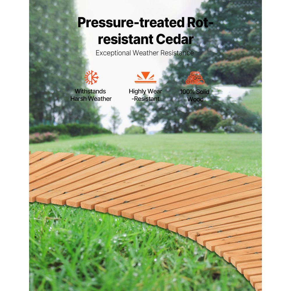 VEVOR Wooden Garden Pathway, 8 ft x 17 in, Non-Slip Curved Garden Walkway, Roll Out Cedar Outdoor Walkway Path with Wire Rope Connection, Decorative Lawn Paver for Backyard Boardwalk Wedding Party