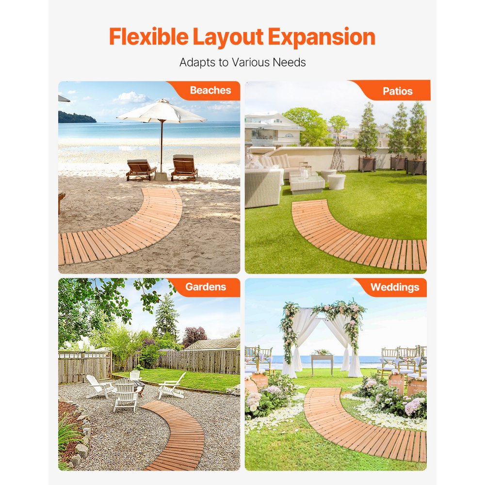 VEVOR Wooden Garden Pathway, 8 ft x 17 in, Non-Slip Curved Garden Walkway, Roll Out Cedar Outdoor Walkway Path with Wire Rope Connection, Decorative Lawn Paver for Backyard Boardwalk Wedding Party